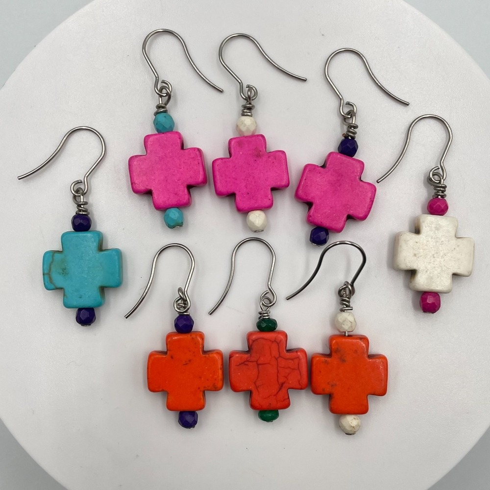 VTG Southwestern Howlite Faux Turquoise Cross Dangle Earrings 8 Piece Mixed Set